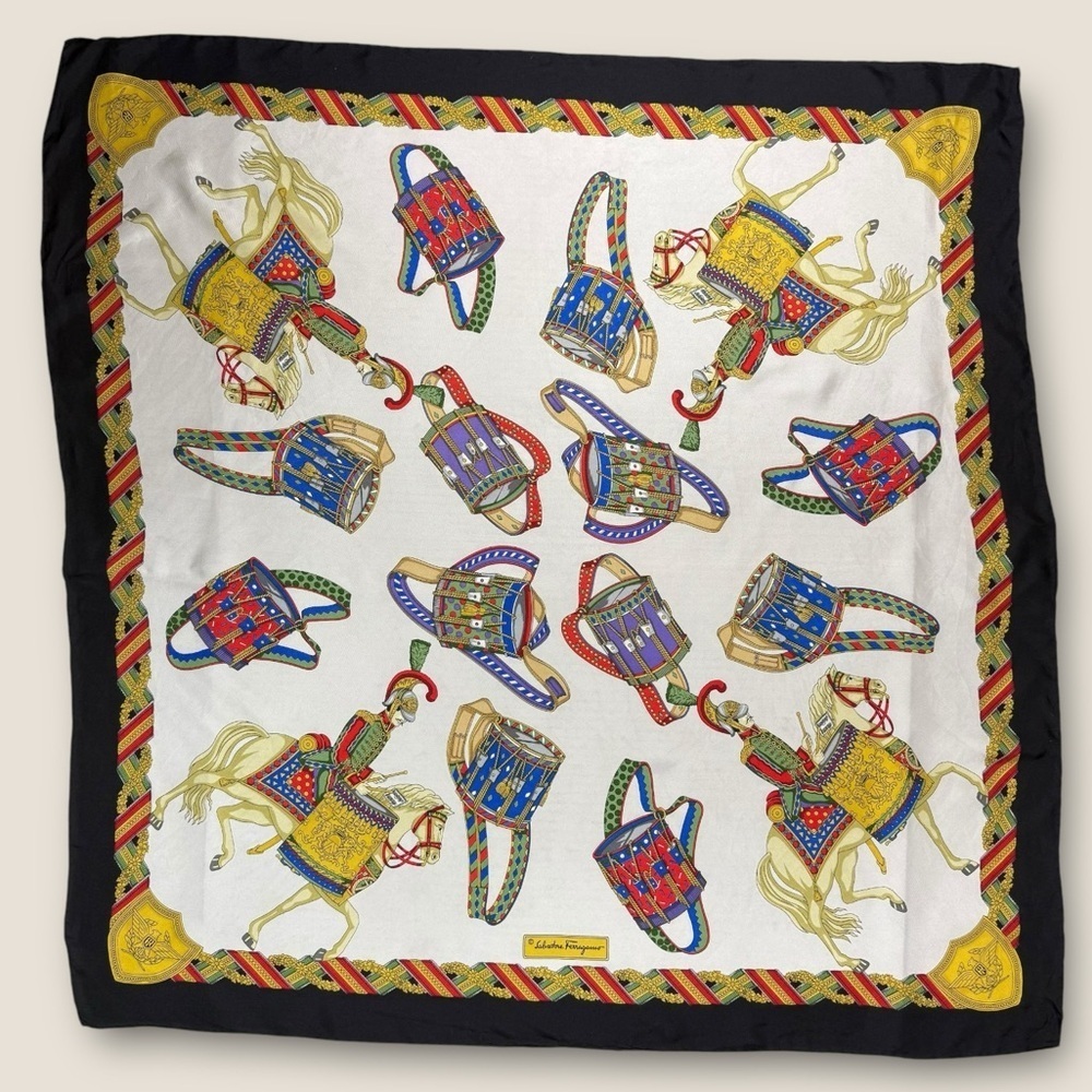 Salvatore Ferragamo 100% Silk Scarf Foulard Made in Italy Vintage 90s Equestrian